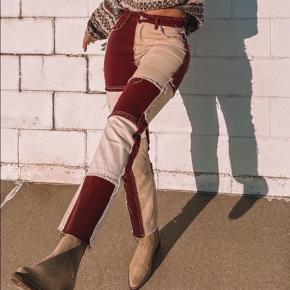 Patchwork Frayed Jeans Maroon Beige 